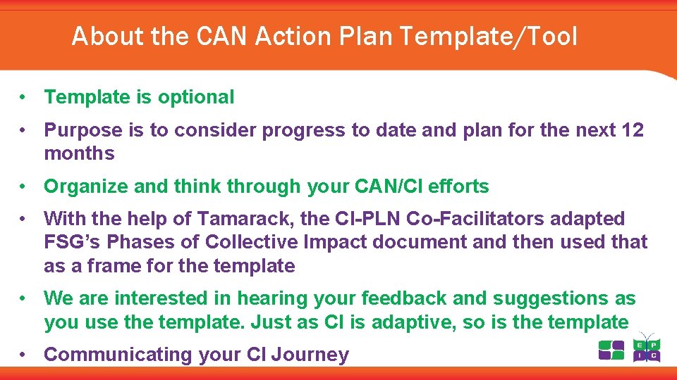 About the CAN Action Plan Template/Tool • Template is optional • Purpose is to