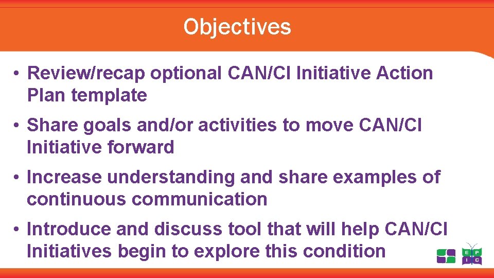 Objectives • Review/recap optional CAN/CI Initiative Action Plan template • Share goals and/or activities