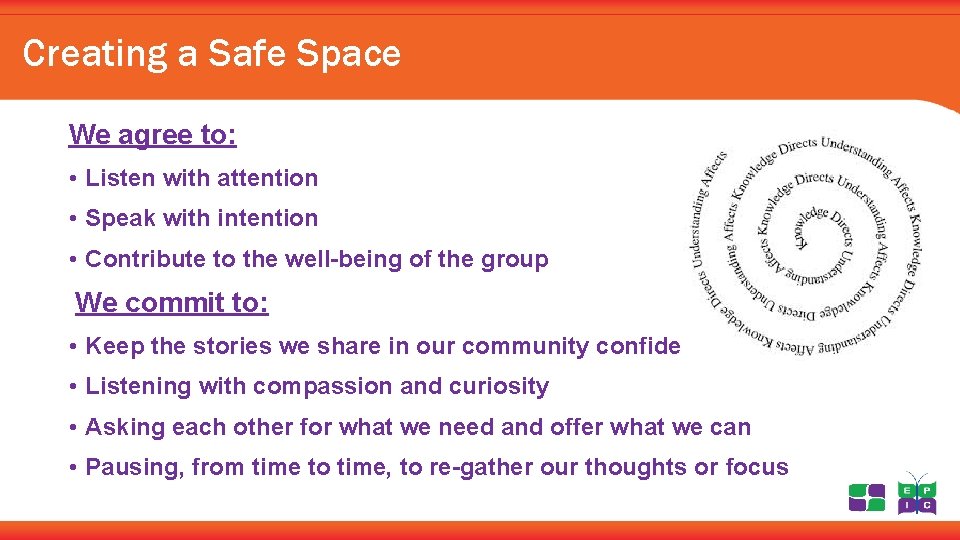 Creating a Safe Space We agree to: • Listen with attention • Speak with