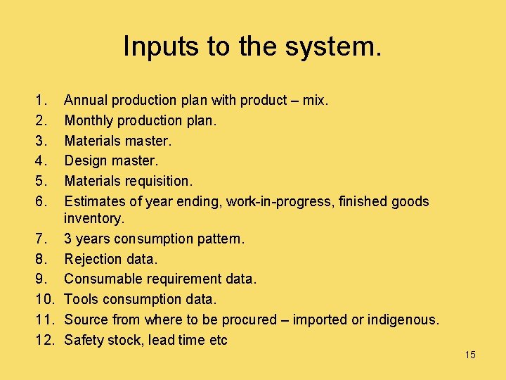 Inputs to the system. 1. 2. 3. 4. 5. 6. Annual production plan with