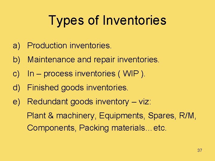 Types of Inventories a) Production inventories. b) Maintenance and repair inventories. c) In –