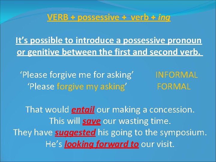 VERB + possessive + verb + ing It’s possible to introduce a possessive pronoun