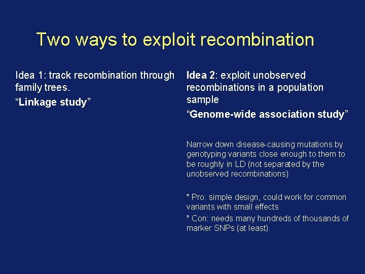 Two ways to exploit recombination Idea 1: track recombination through family trees. “Linkage study”