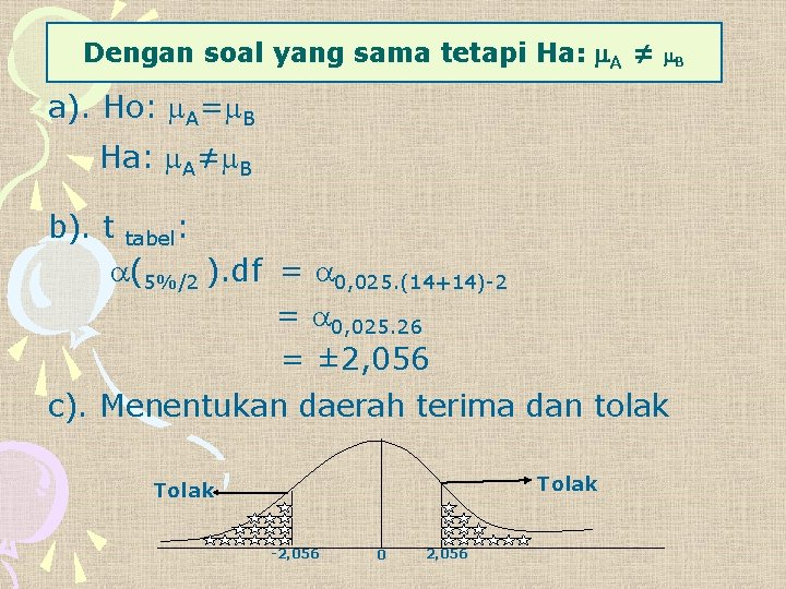 Dengan soal yang sama tetapi Ha: A ≠ B a). Ho: A= B Ha: