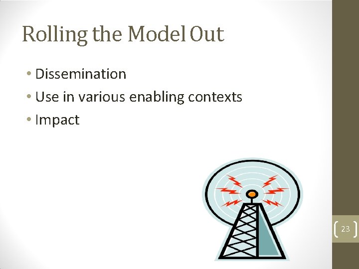 Rolling the Model Out • Dissemination • Use in various enabling contexts • Impact