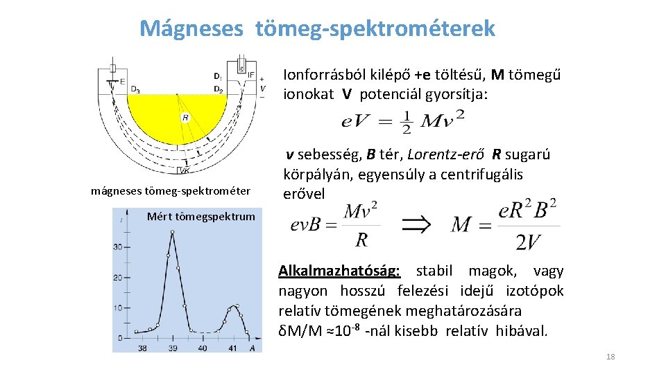 Mágneses tömeg-spektrométerek Ionforrásból kilépő +e töltésű, M tömegű ionokat V potenciál gyorsítja: v sebesség,