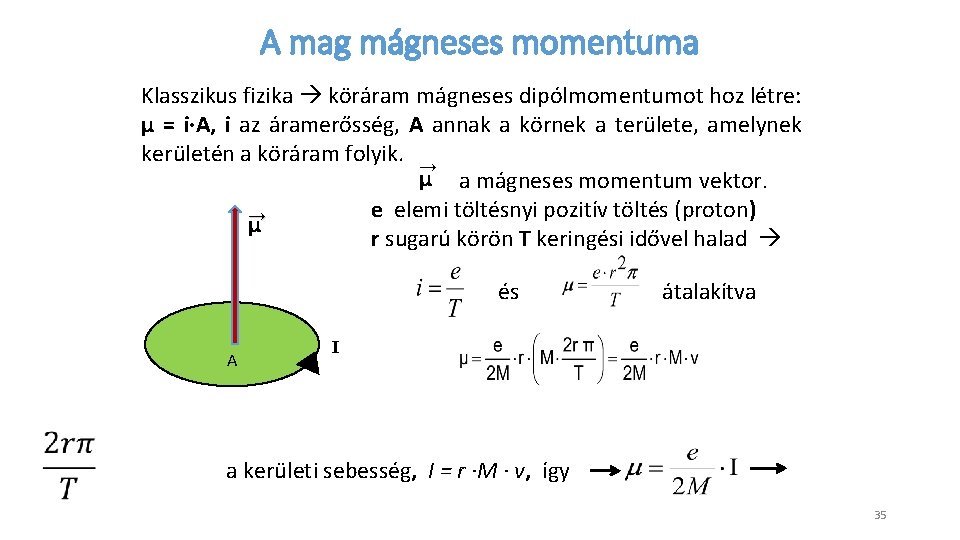 A mag mágneses momentuma Klasszikus fizika köráram mágneses dipólmomentumot hoz létre: μ = i∙A,