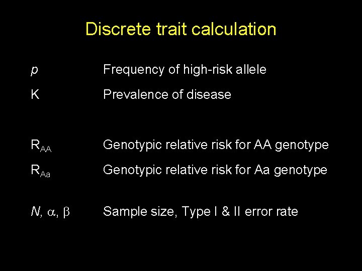 Discrete trait calculation p Frequency of high-risk allele K Prevalence of disease RAA Genotypic