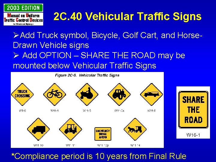 2 C. 40 Vehicular Traffic Signs ØAdd Truck symbol, Bicycle, Golf Cart, and Horse.