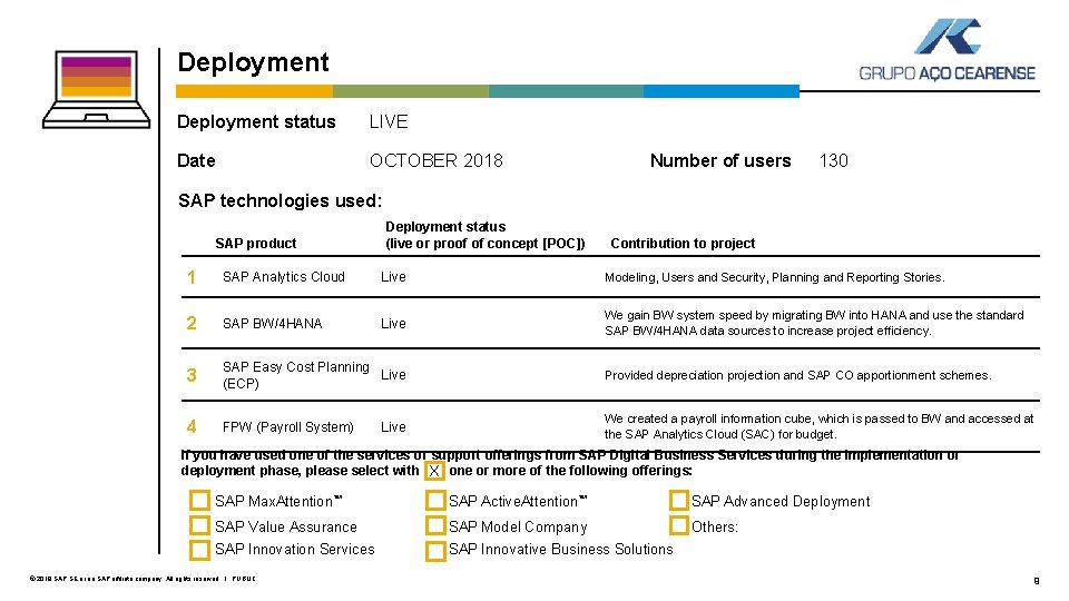 Deployment status LIVE Date OCTOBER 2018 Number of users 130 SAP technologies used: SAP