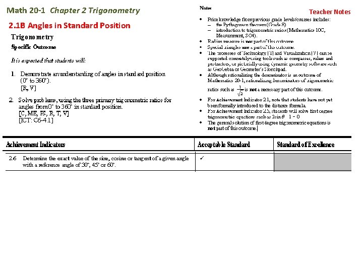 Math 20 -1 Chapter 2 Trigonometry 2. 1 B Angles in Standard Position Teacher