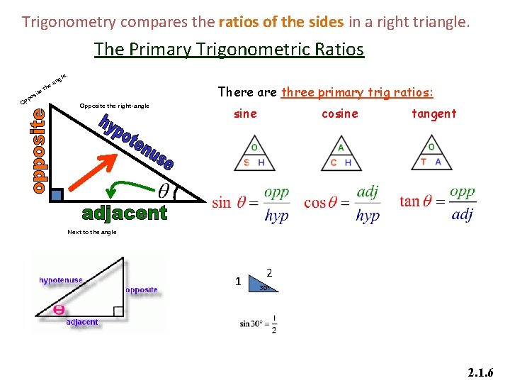 Trigonometry compares the ratios of the sides in a right triangle. The Primary Trigonometric