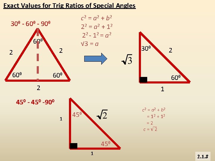 Exact Values for Trig Ratios of Special Angles 300 - 600 - 900 600