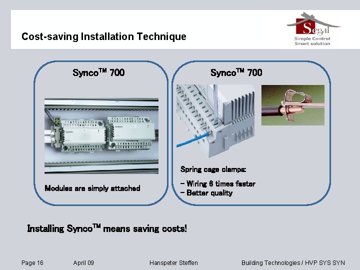 Cost-saving Installation Technique Synco. TM 700 Spring cage clamps: Modules are simply attached -