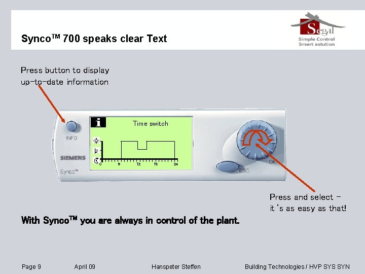 Synco. TM 700 speaks clear Text Press button to display up-to-date information Time switch