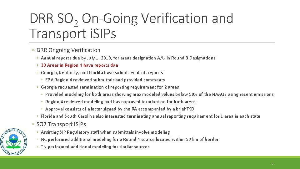 DRR SO 2 On-Going Verification and Transport i. SIPs ◦ DRR Ongoing Verification ◦