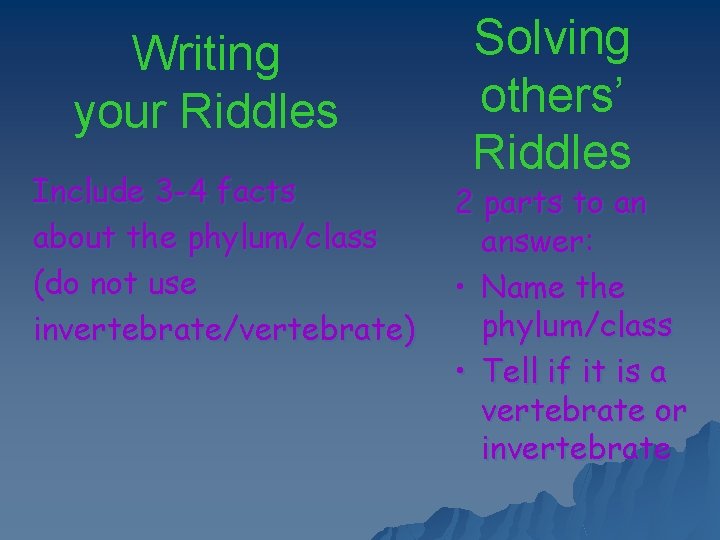 Writing your Riddles Include 3 -4 facts about the phylum/class (do not use invertebrate/vertebrate)