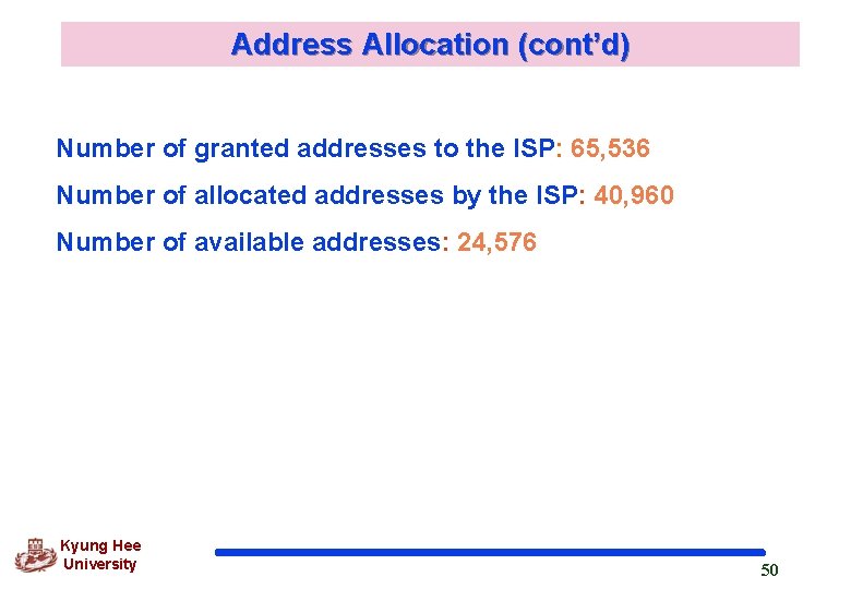 Address Allocation (cont’d) Number of granted addresses to the ISP: 65, 536 Number of