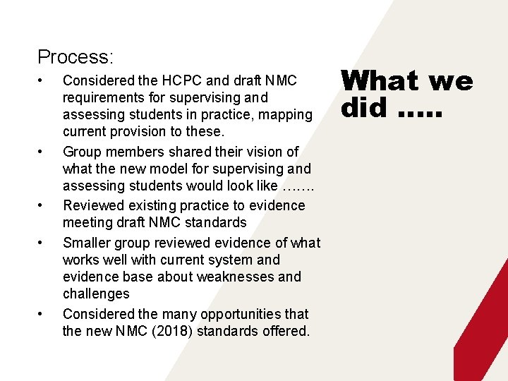 Process: • • • Considered the HCPC and draft NMC requirements for supervising and