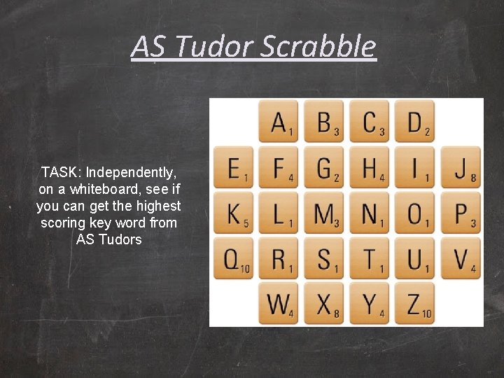 AS Tudor Scrabble TASK: Independently, on a whiteboard, see if you can get the