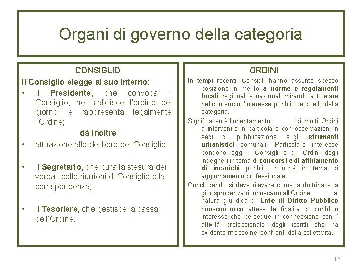 Organi di governo della categoria CONSIGLIO Il Consiglio elegge al suo interno: • Il