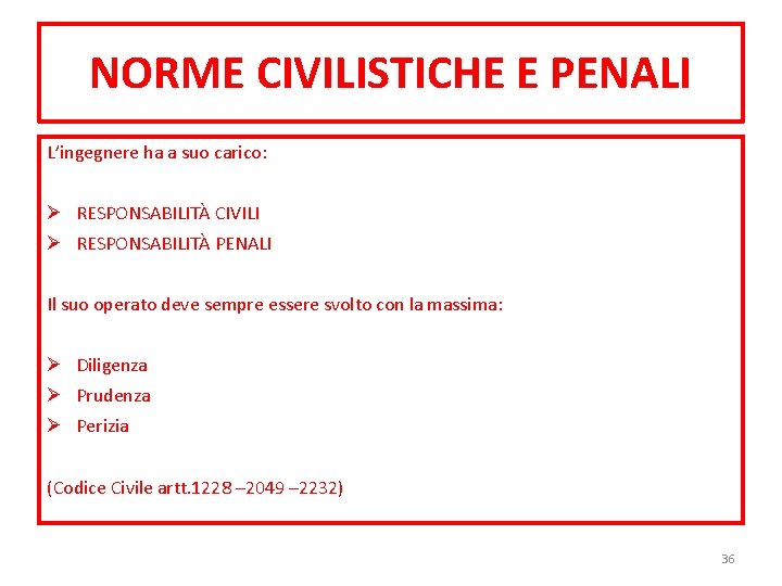 NORME CIVILISTICHE E PENALI L’ingegnere ha a suo carico: RESPONSABILITÀ CIVILI RESPONSABILITÀ PENALI Il