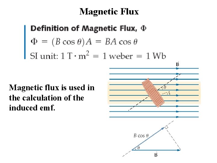 Magnetic Flux Magnetic flux is used in the calculation of the induced emf. 