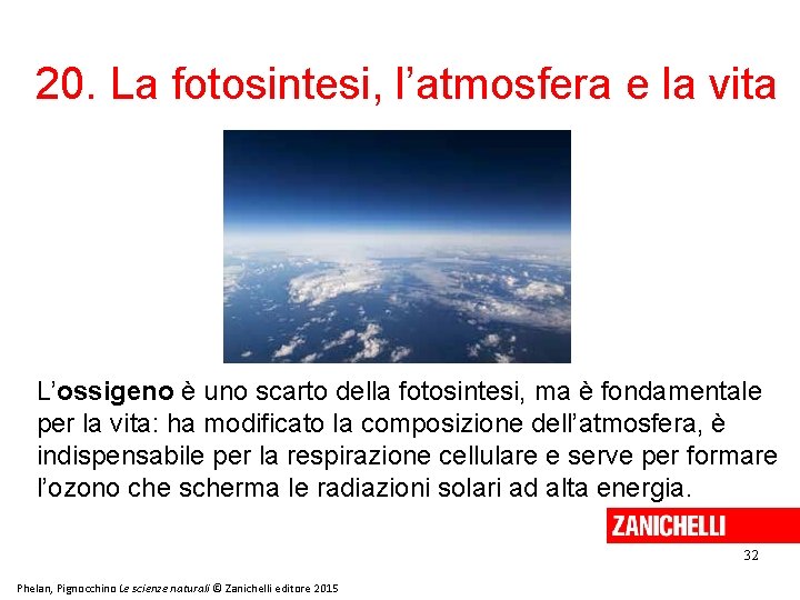 20. La fotosintesi, l’atmosfera e la vita L’ossigeno è uno scarto della fotosintesi, ma 20. La fotosintesi, l’atmosfera e la vita L’ossigeno è uno scarto della fotosintesi, ma