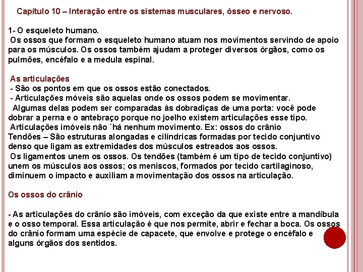 Capítulo 10 – Interação entre os sistemas musculares, ósseo e nervoso. 1 - O