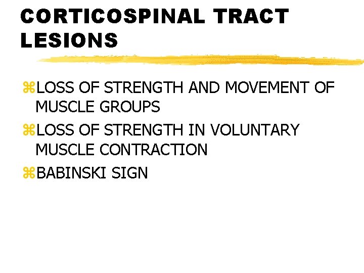 CORTICOSPINAL TRACT LESIONS z. LOSS OF STRENGTH AND MOVEMENT OF MUSCLE GROUPS z. LOSS