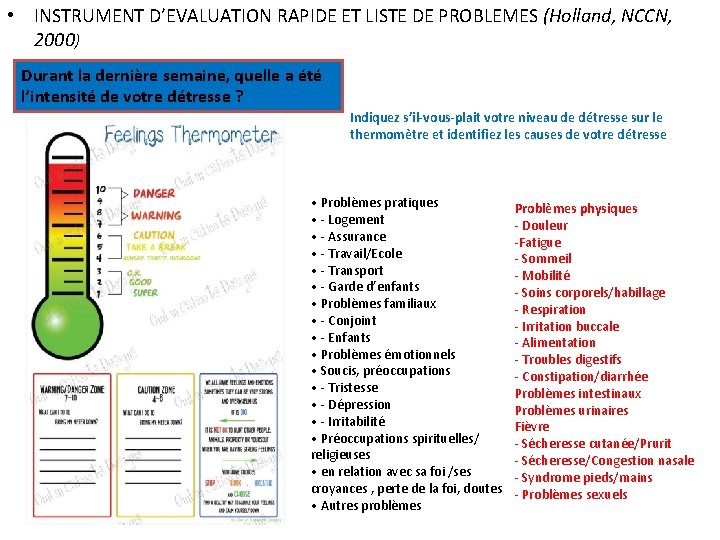  • INSTRUMENT D’EVALUATION RAPIDE ET LISTE DE PROBLEMES (Holland, NCCN, 2000) Durant la