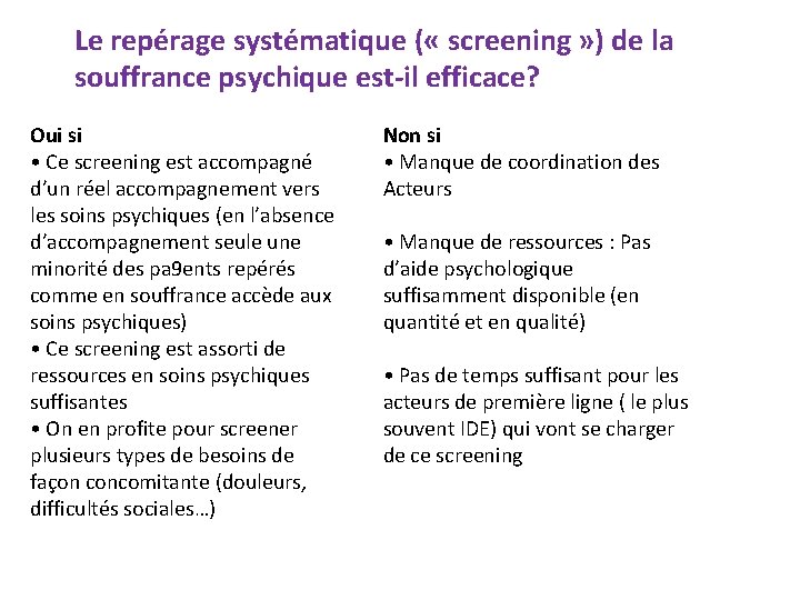 Le repérage systématique ( « screening » ) de la souffrance psychique est-il efficace?