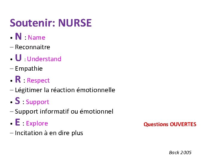 Soutenir: NURSE • N : Name – Reconnaitre • U : Understand – Empathie