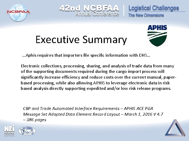 Executive Summary …Aphis requires that importers file specific information with DHS… Electronic collections, processing, Executive Summary …Aphis requires that importers file specific information with DHS… Electronic collections, processing,