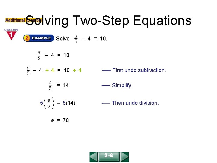 COURSE 2 LESSON 2 -6 Solving Two-Step Equations Solve a 5 a – 4