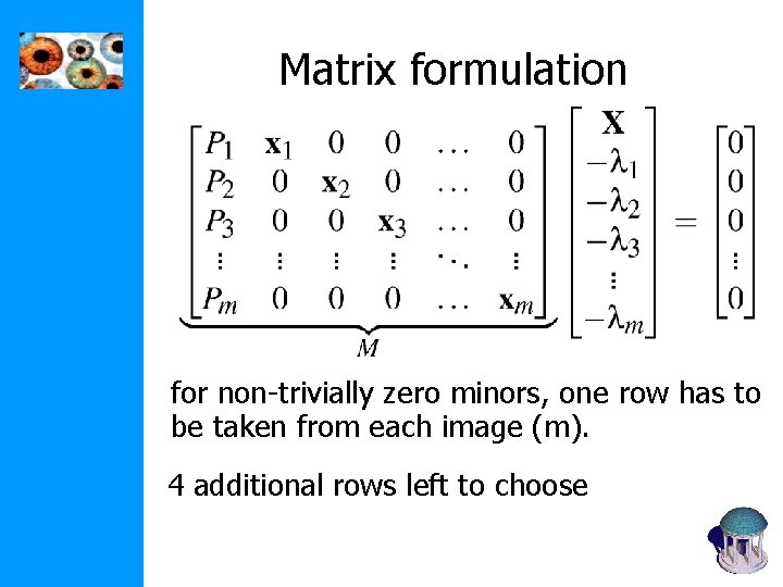 Matrix formulation for non-trivially zero minors, one row has to be taken from each