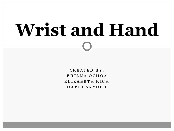 Wrist and Hand CREATED BY: BRIANA OCHOA ELIZABETH RICH DAVID SNYDER 
