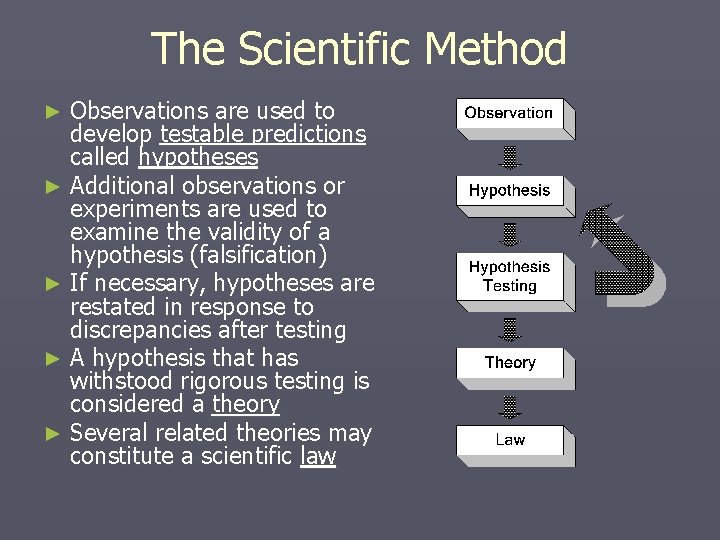 The Scientific Method Observations are used to develop testable predictions called hypotheses ► Additional