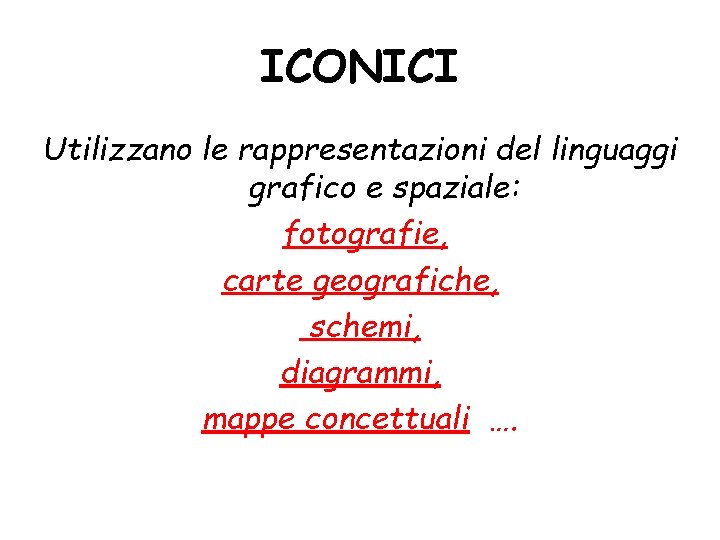 ICONICI Utilizzano le rappresentazioni del linguaggi grafico e spaziale: fotografie, carte geografiche, schemi, diagrammi,