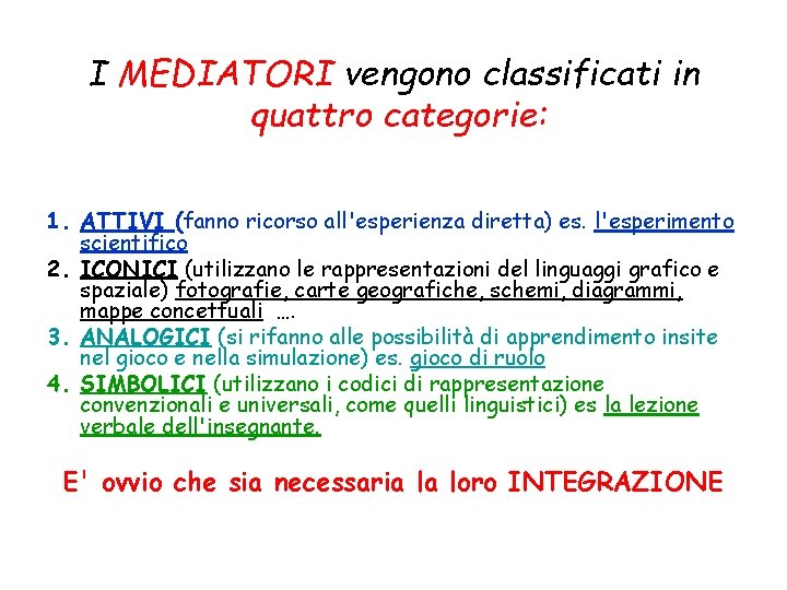 I MEDIATORI vengono classificati in quattro categorie: 1. ATTIVI (fanno ricorso all'esperienza diretta) es.