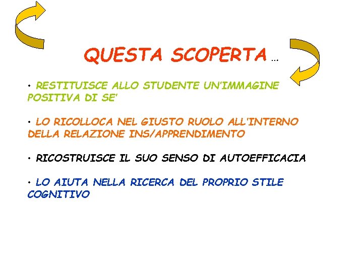 QUESTA SCOPERTA … • RESTITUISCE ALLO STUDENTE UN’IMMAGINE POSITIVA DI SE’ • LO RICOLLOCA