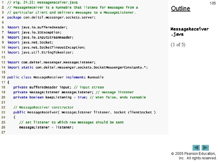Outline 105 Message. Receiver. java (1 of 5) 2005 Pearson Education, Inc. All rights