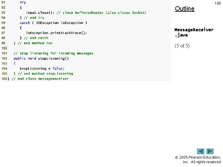 Outline 109 Message. Receiver. java (5 of 5) 2005 Pearson Education, Inc. All rights