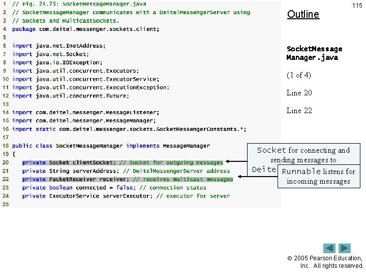 Outline 115 Socket. Message Manager. java (1 of 4) Line 20 Line 22 Socket