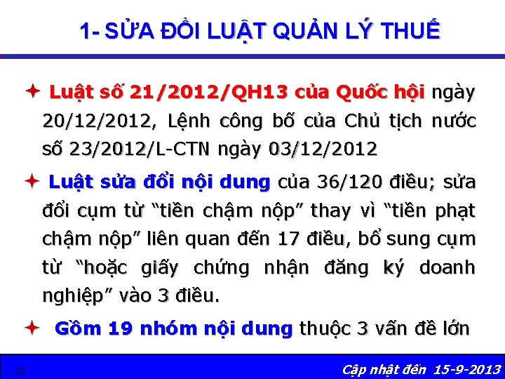 1 - SỬA ĐỔI LUẬT QUẢN LÝ THUẾ Luật số 21/2012/QH 13 của Quốc