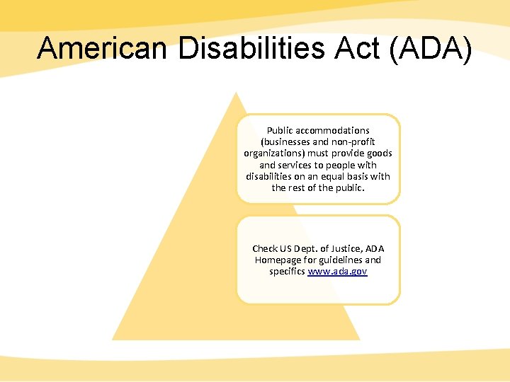 American Disabilities Act (ADA) Public accommodations (businesses and non-profit organizations) must provide goods and