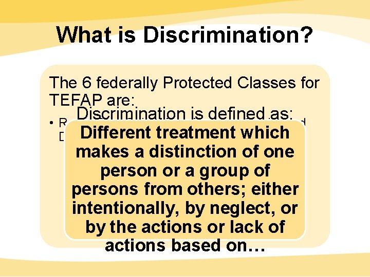 What is Discrimination? The 6 federally Protected Classes for TEFAP are: Discrimination is defined