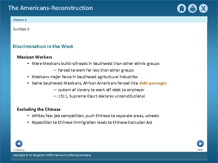 The Americans-Reconstruction Chapter 8 Section-3 Discrimination in the West Mexican Workers • More Mexicans
