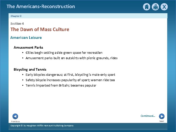 The Americans-Reconstruction Chapter 8 Section-4 The Dawn of Mass Culture American Leisure Amusement Parks