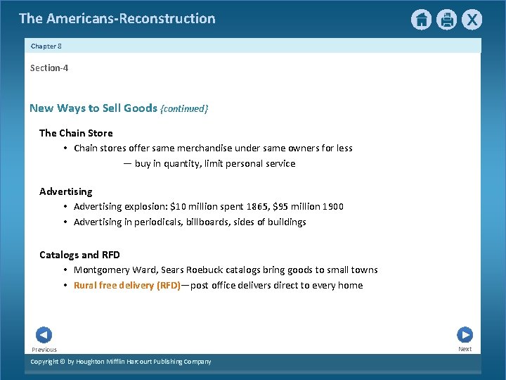 The Americans-Reconstruction Chapter 8 Section-4 New Ways to Sell Goods {continued} The Chain Store